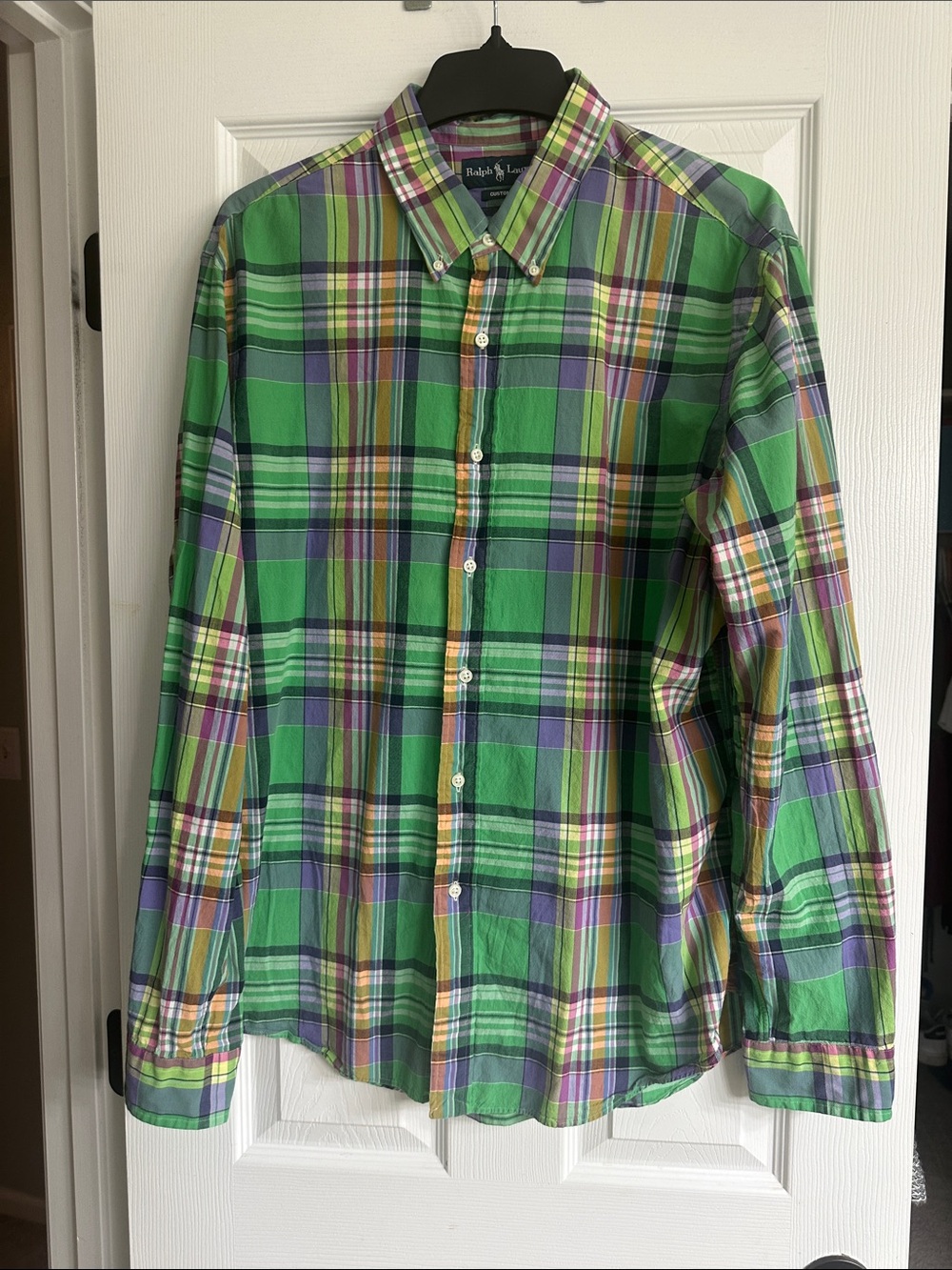 Ralph Lauren Green Plaid Cotton Button-Down Shirt with Purple & Yellow Accents